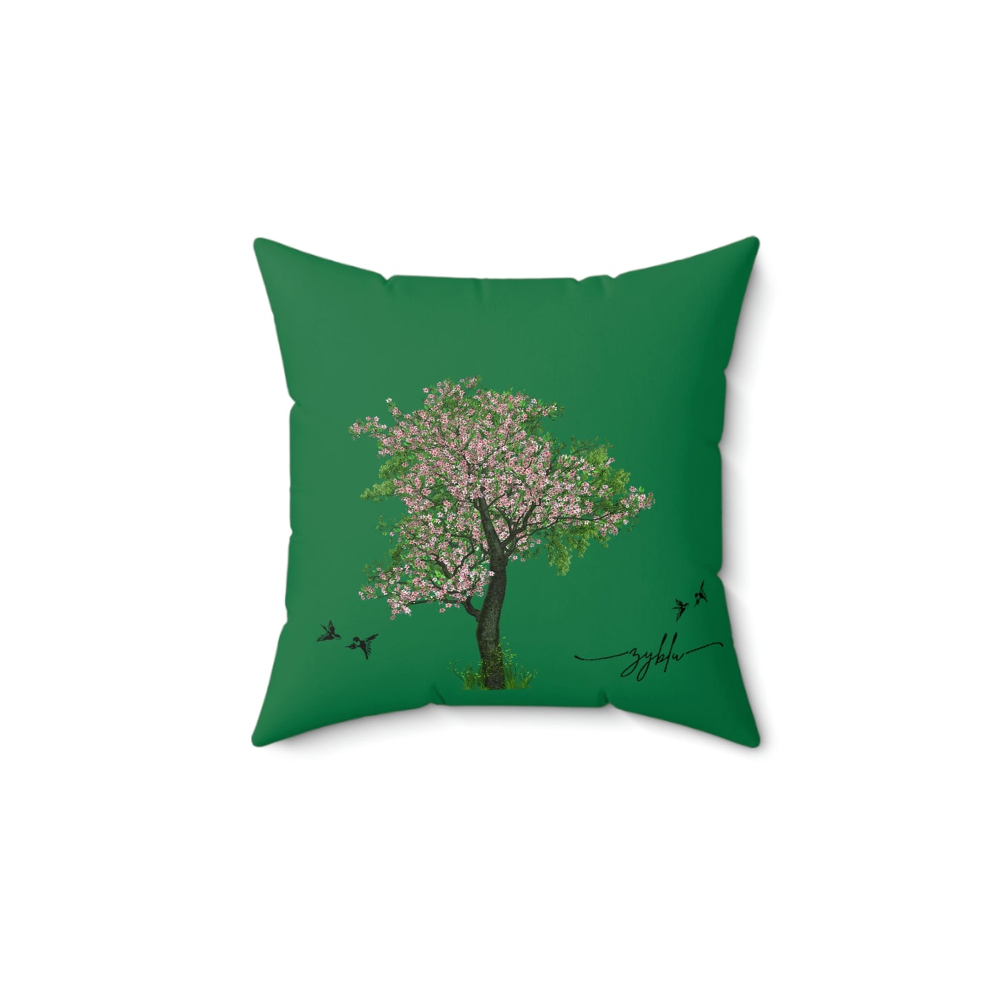 zyblu animal silhouette and cherry blossom Square Pillow dark green